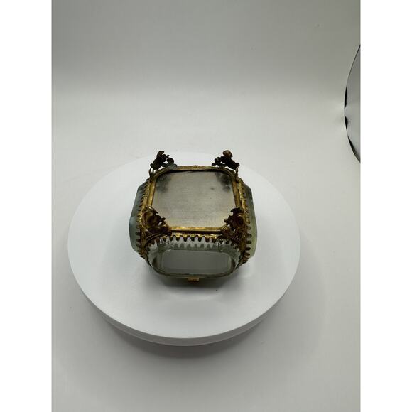 Antique French Ormolu Gilded Bronze Beveled Glass Jewelry Casket Ring Box Pillow - Picture 9 of 11